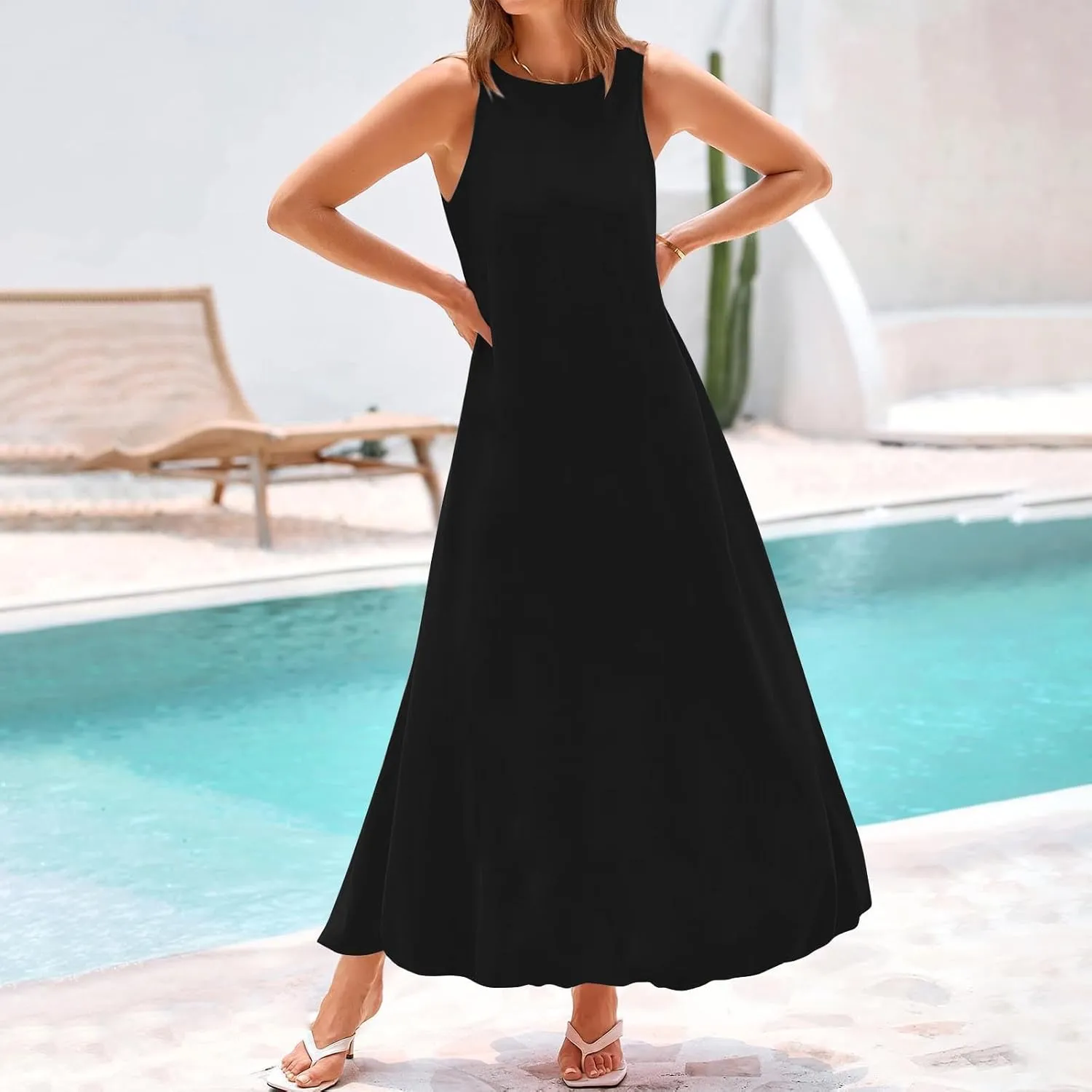 Women's Flowy Summer Dresses 2025 Crew Neck Sleeveless Casual Loose Sundress Basic Beach Tank Maxi Dress with Pockets