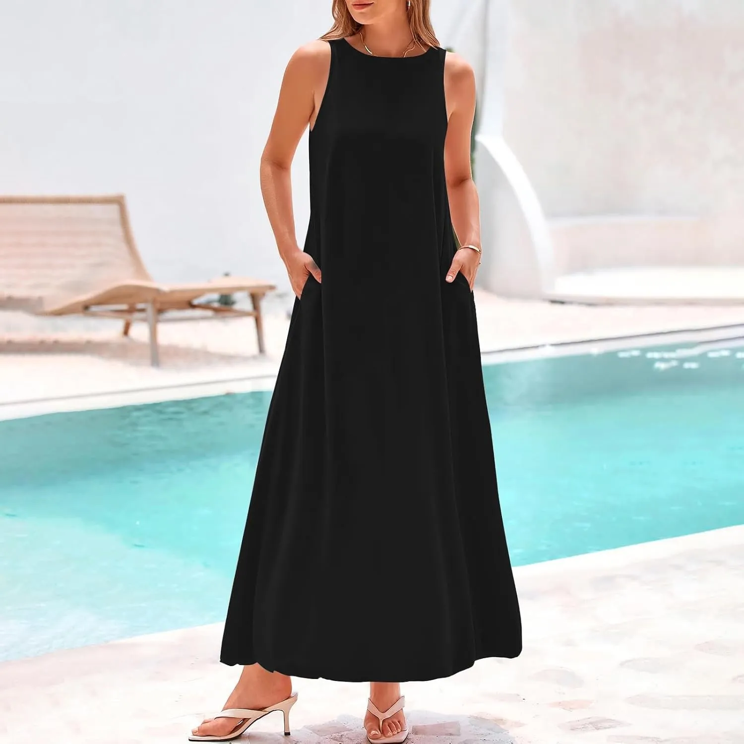Women's Flowy Summer Dresses 2025 Crew Neck Sleeveless Casual Loose Sundress Basic Beach Tank Maxi Dress with Pockets