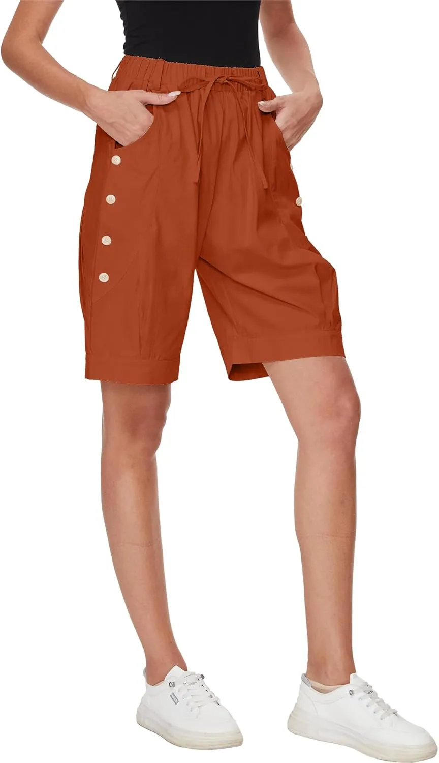 Women's High Waist Bermuda Shorts Loose Drawstring Capri Pants with Pockets Wide Leg Summer Shorts