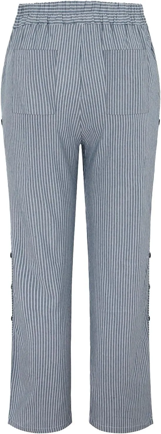 Women's Linen Casual Pants Striped Side Button Elastic Waist Trendy Pants Straight Leg Baggy Trousers with Pockets