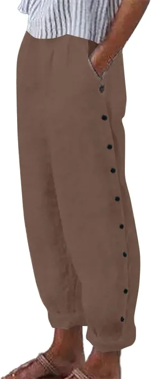 Women's Linen Casual Pants Striped Side Button Elastic Waist Trendy Pants Straight Leg Baggy Trousers with Pockets