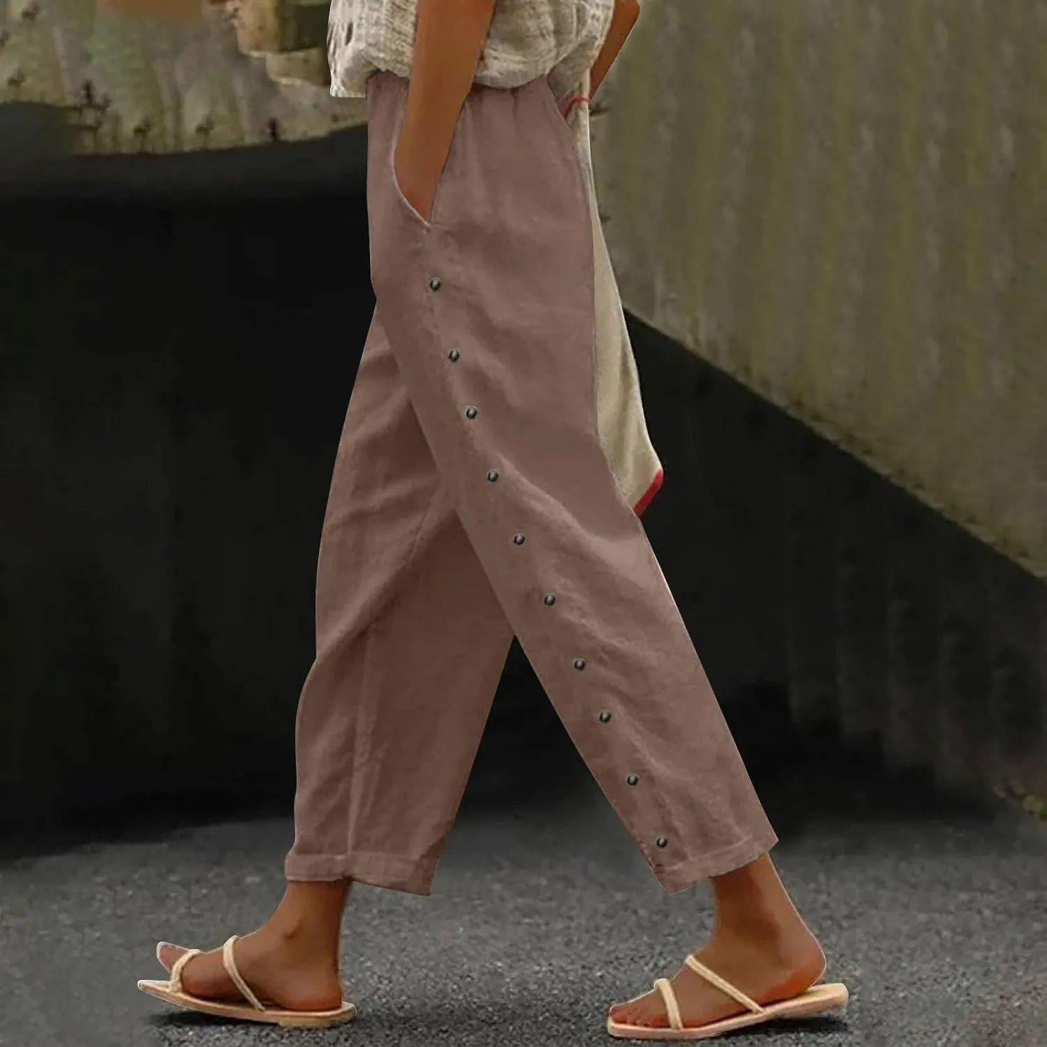 Women's Linen Casual Pants Striped Side Button Elastic Waist Trendy Pants Straight Leg Baggy Trousers with Pockets