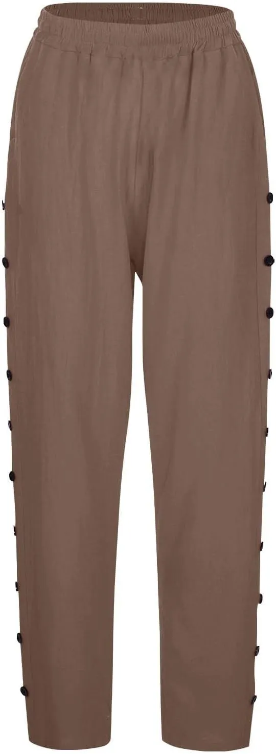 Women's Linen Casual Pants Striped Side Button Elastic Waist Trendy Pants Straight Leg Baggy Trousers with Pockets