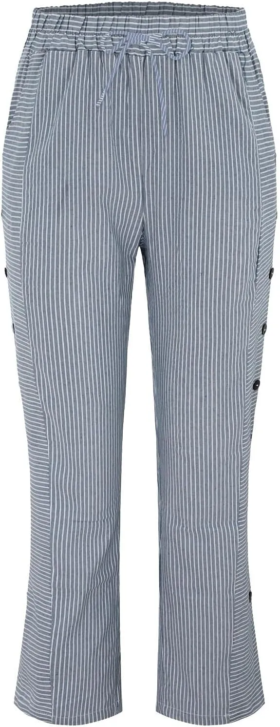 Women's Linen Casual Pants Striped Side Button Elastic Waist Trendy Pants Straight Leg Baggy Trousers with Pockets