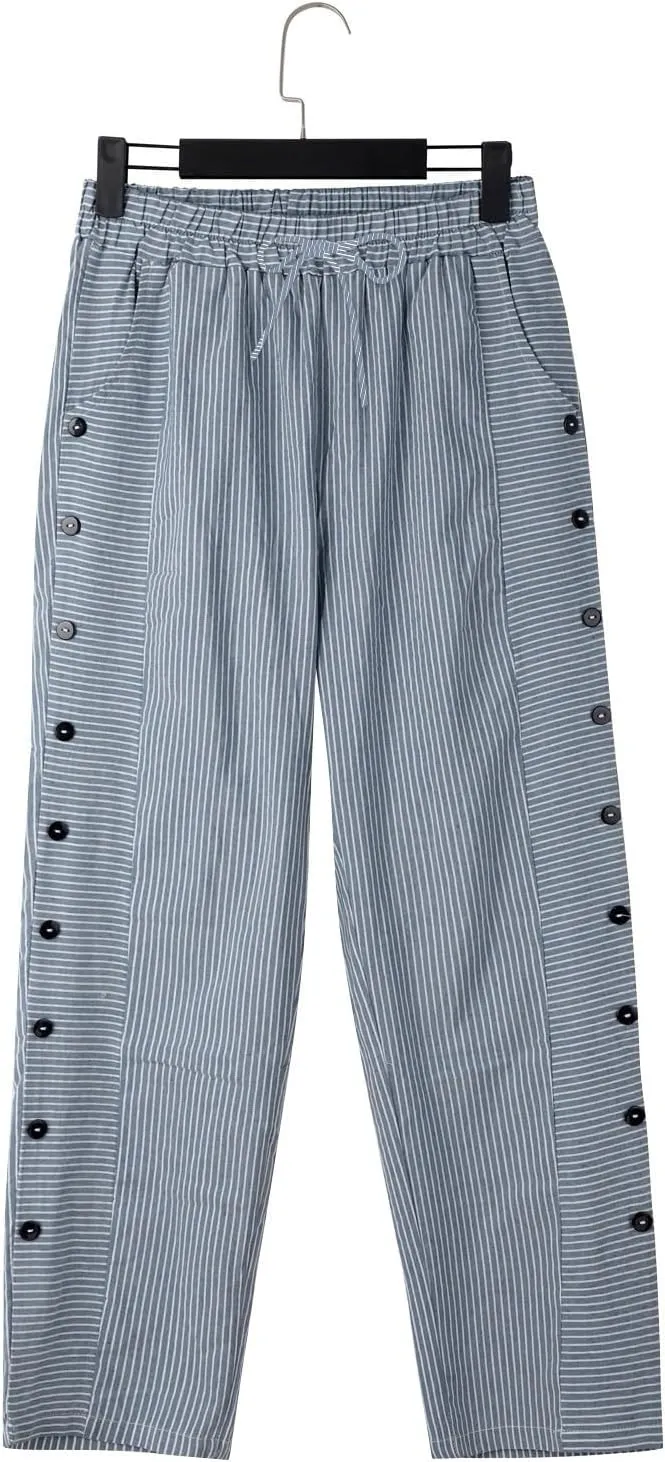 Women's Linen Casual Pants Striped Side Button Elastic Waist Trendy Pants Straight Leg Baggy Trousers with Pockets