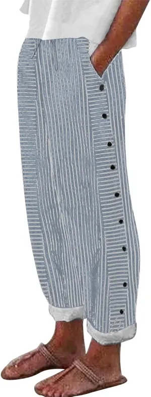 Women's Linen Casual Pants Striped Side Button Elastic Waist Trendy Pants Straight Leg Baggy Trousers with Pockets