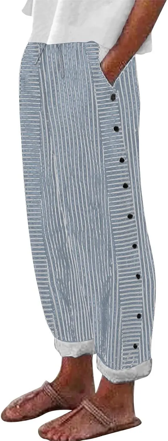 Women's Linen Casual Pants Striped Side Button Elastic Waist Trendy Pants Straight Leg Baggy Trousers with Pockets