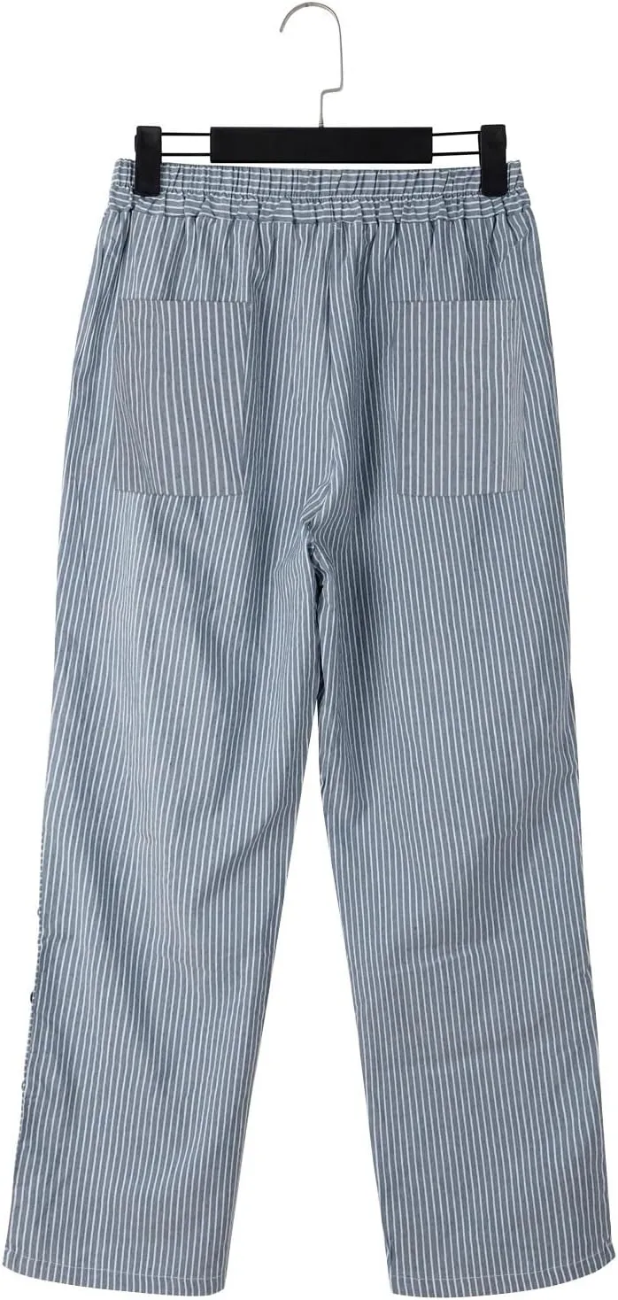 Women's Linen Casual Pants Striped Side Button Elastic Waist Trendy Pants Straight Leg Baggy Trousers with Pockets