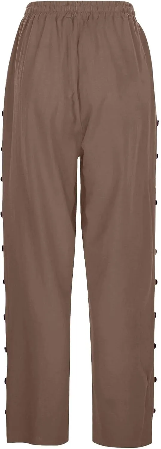 Women's Linen Casual Pants Striped Side Button Elastic Waist Trendy Pants Straight Leg Baggy Trousers with Pockets