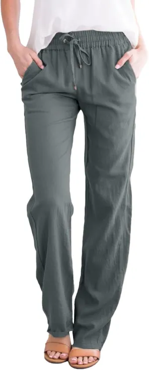 Womens Linen High Waist Summer Casual Pants Drawstring Straight Leg Baggy Beach Vacation Lounge Trousers with Pockets