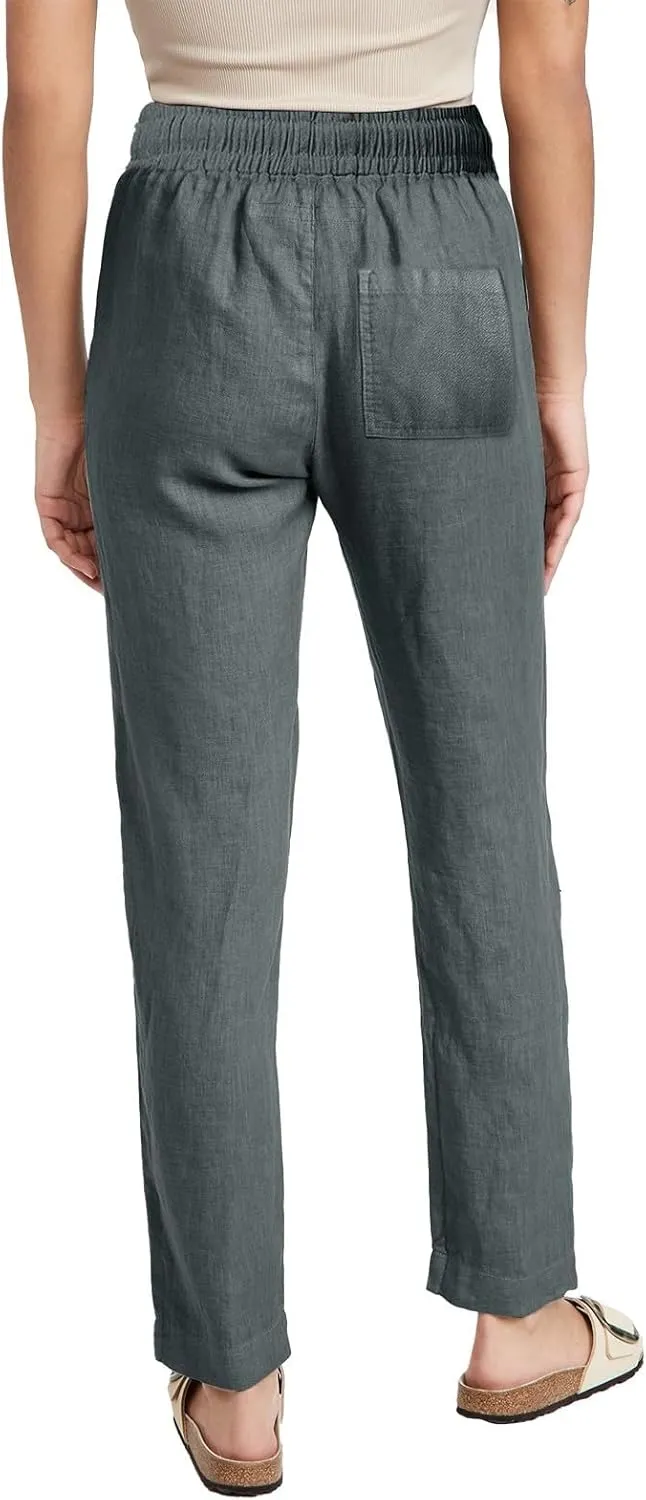 Womens Linen High Waist Summer Casual Pants Drawstring Straight Leg Baggy Beach Vacation Lounge Trousers with Pockets