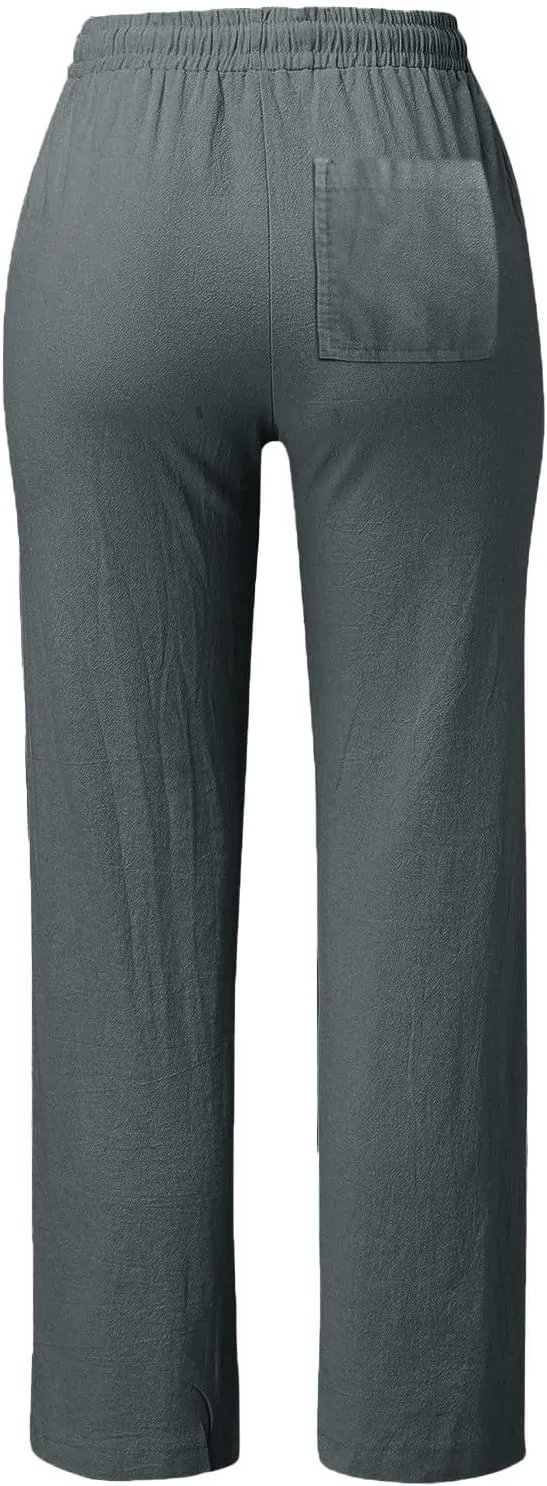 Womens Linen High Waist Summer Casual Pants Drawstring Straight Leg Baggy Beach Vacation Lounge Trousers with Pockets