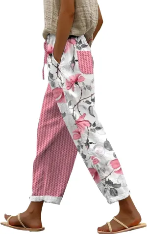 Women's Linen Jogger Pants Elastic Cuff Ankle Casual Lounge Drawstring Waist Summer Streetwear Trousers