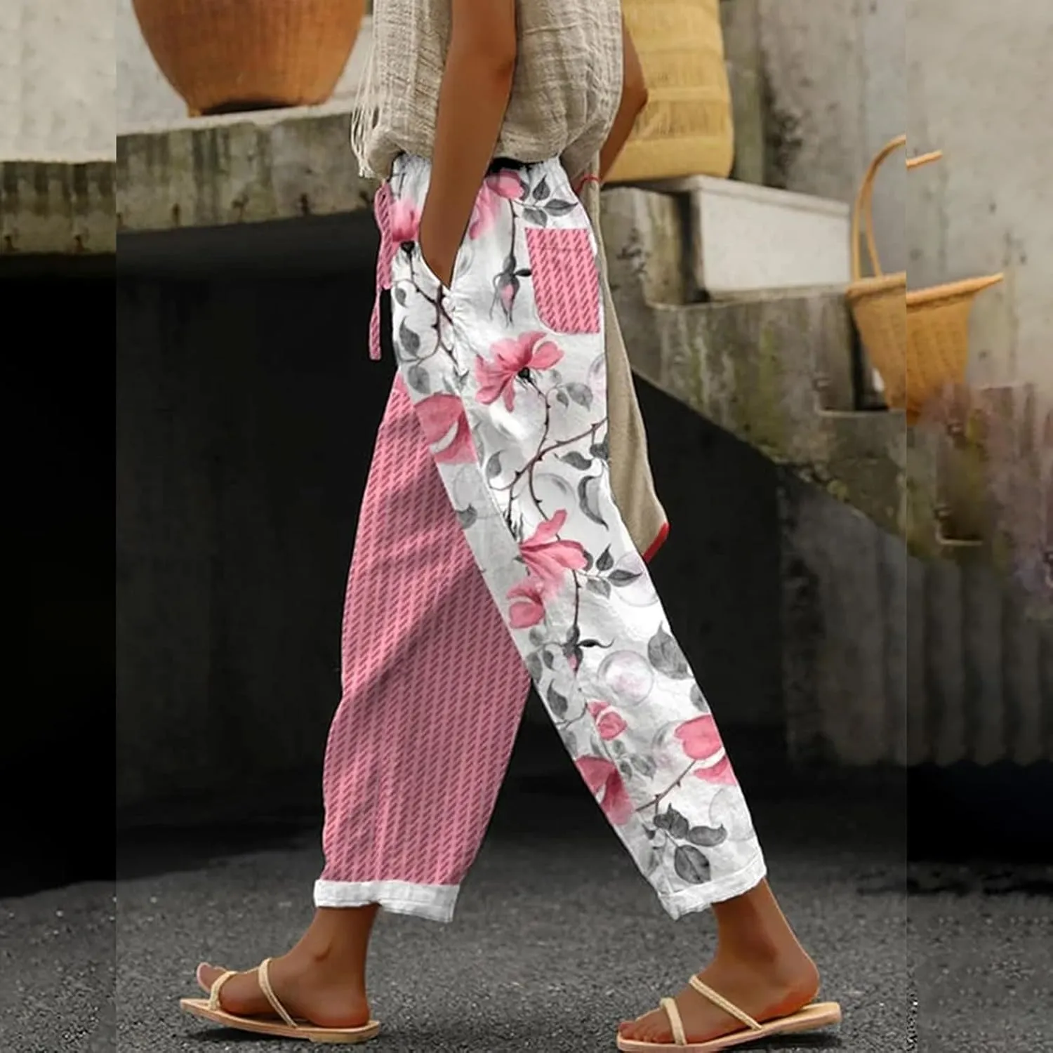 Women's Linen Jogger Pants Elastic Cuff Ankle Casual Lounge Drawstring Waist Summer Streetwear Trousers