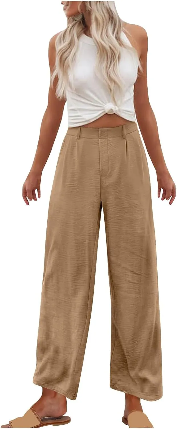 Womens Linen Palazzo Pants 2025 Summer Casual Loose Wide Leg Pants High Waist Flowy Fit Trousers Beach Travel Outfits
