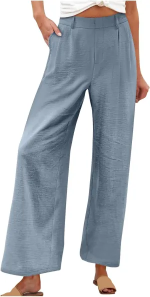 Womens Linen Palazzo Pants 2025 Summer Casual Loose Wide Leg Pants High Waist Flowy Fit Trousers Beach Travel Outfits