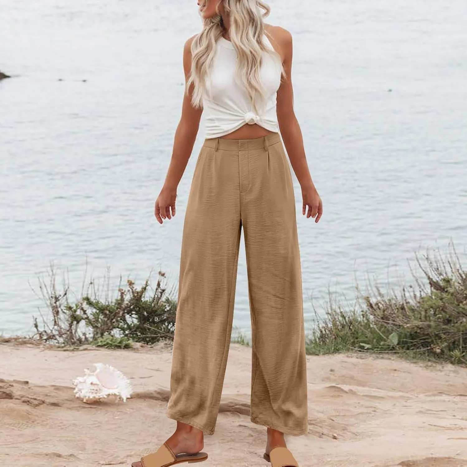 Womens Linen Palazzo Pants 2025 Summer Casual Loose Wide Leg Pants High Waist Flowy Fit Trousers Beach Travel Outfits