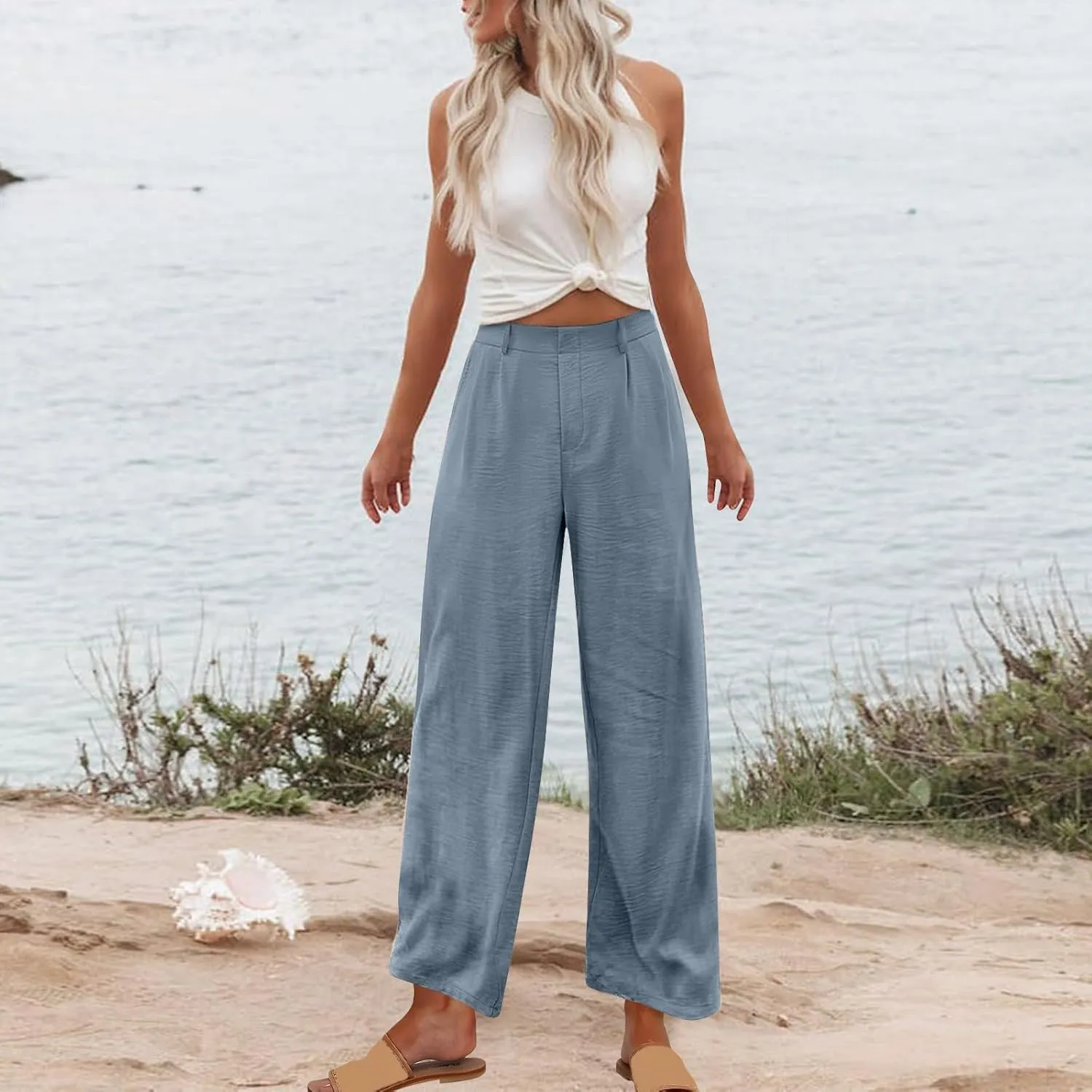 Womens Linen Palazzo Pants 2025 Summer Casual Loose Wide Leg Pants High Waist Flowy Fit Trousers Beach Travel Outfits