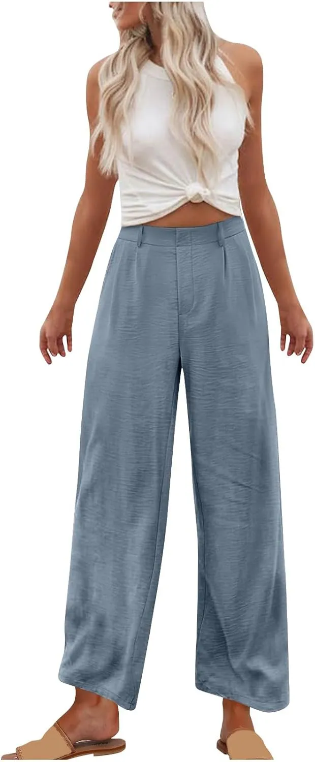 Womens Linen Palazzo Pants 2025 Summer Casual Loose Wide Leg Pants High Waist Flowy Fit Trousers Beach Travel Outfits