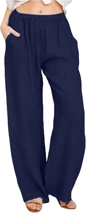 Womens Linen Pants Casual Beach Vacation Clothes Trendy Wide Leg Pants Woman Flowy Palazzo Trousers Pants