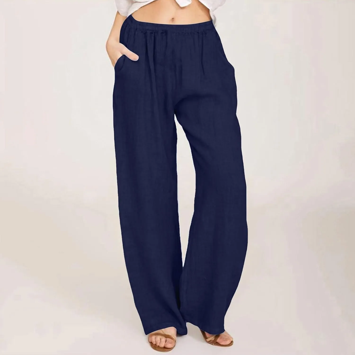 Womens Linen Pants Casual Beach Vacation Clothes Trendy Wide Leg Pants Woman Flowy Palazzo Trousers Pants
