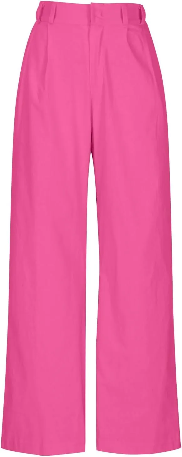 Women's Linen Pants Wide Leg Casual Summer Palazzo Pants Elastic Waist Dressy Lounge Work Trousers with Pockets