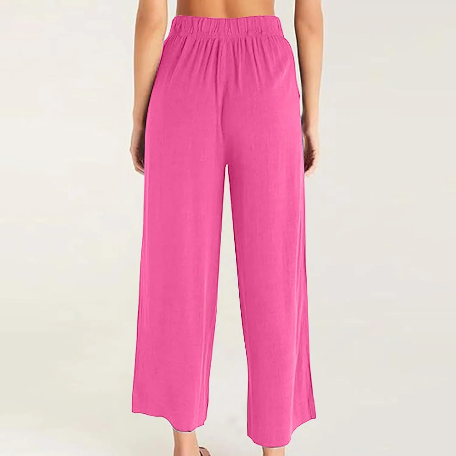 Women's Linen Pants Wide Leg Casual Summer Palazzo Pants Elastic Waist Dressy Lounge Work Trousers with Pockets
