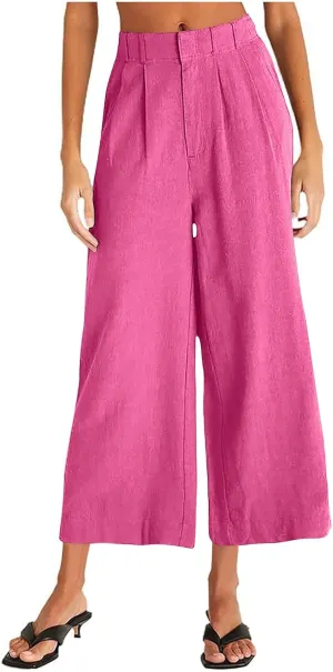 Women's Linen Pants Wide Leg Casual Summer Palazzo Pants Elastic Waist Dressy Lounge Work Trousers with Pockets