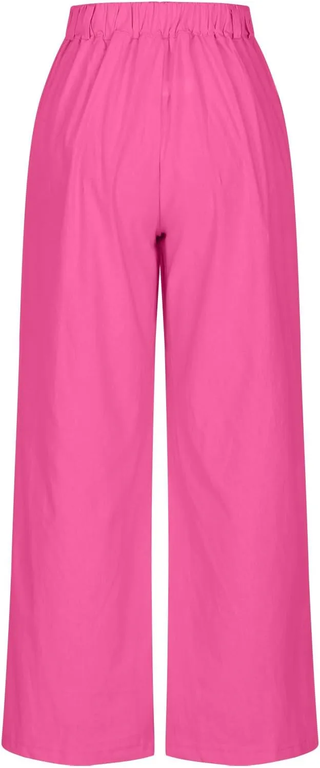 Women's Linen Pants Wide Leg Casual Summer Palazzo Pants Elastic Waist Dressy Lounge Work Trousers with Pockets