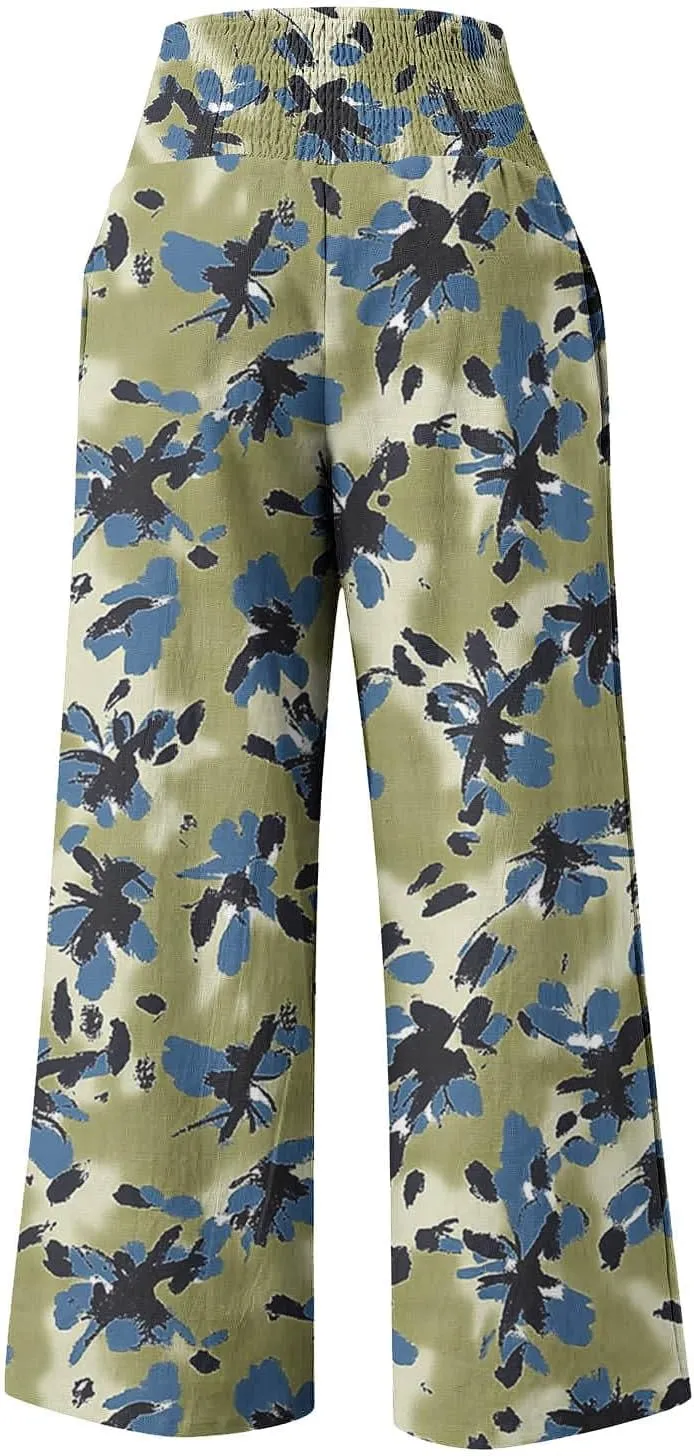 Womens Linen Wide Leg Pants Stylish High Waist Floral Print Palazzo Trousers with Pockets for Beach Vacation 2025
