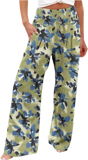 Womens Linen Wide Leg Pants Stylish High Waist Floral Print Palazzo Trousers with Pockets for Beach Vacation 2025