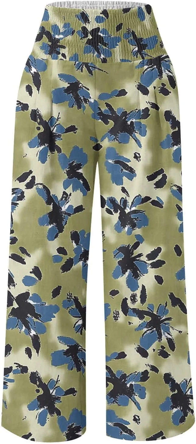 Womens Linen Wide Leg Pants Stylish High Waist Floral Print Palazzo Trousers with Pockets for Beach Vacation 2025