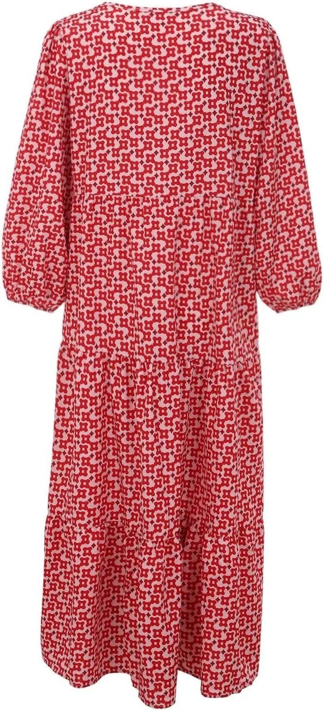 Womens Loose Fit Casual Summer V Neck Dress Boho Maxi Puff Sleeve Dresses Floral Flowy Swing Beach Vacation Dress
