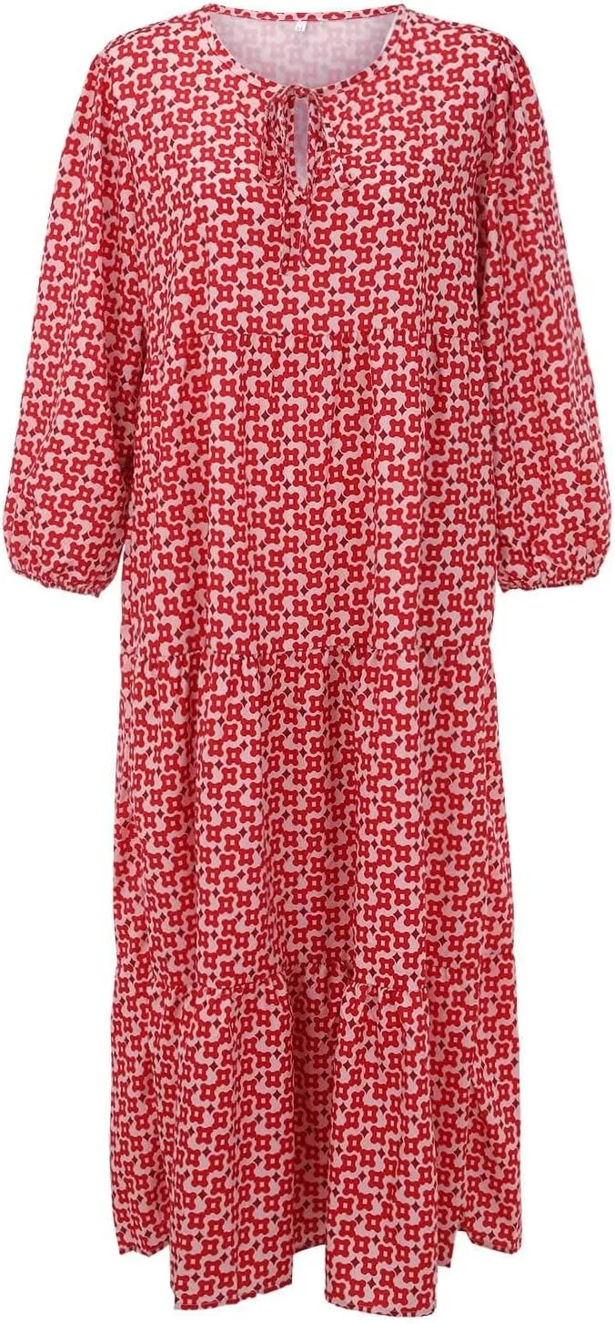 Womens Loose Fit Casual Summer V Neck Dress Boho Maxi Puff Sleeve Dresses Floral Flowy Swing Beach Vacation Dress