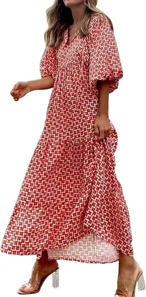 Womens Loose Fit Casual Summer V Neck Dress Boho Maxi Puff Sleeve Dresses Floral Flowy Swing Beach Vacation Dress