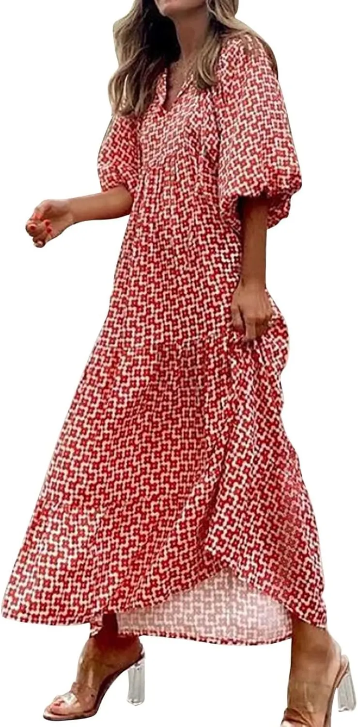 Womens Loose Fit Casual Summer V Neck Dress Boho Maxi Puff Sleeve Dresses Floral Flowy Swing Beach Vacation Dress