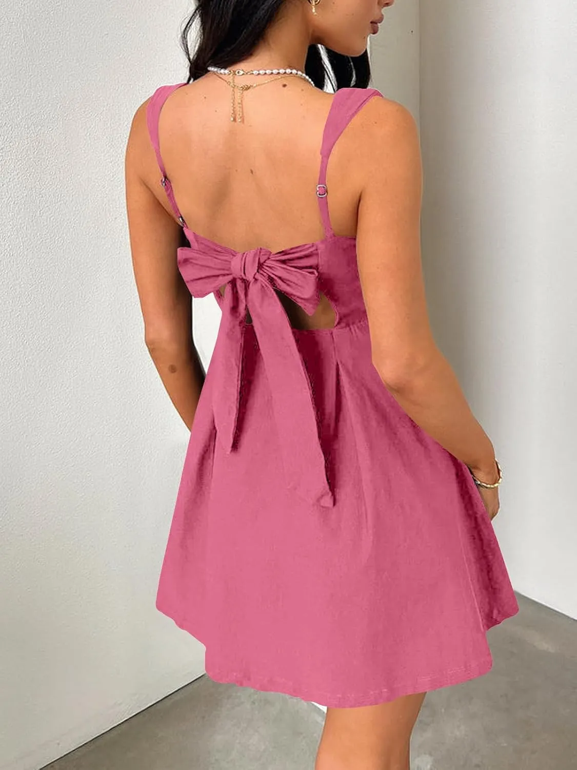 Womens Mini Party Dress Sleeveless Backless Bow Tie Square Neck Short Dress