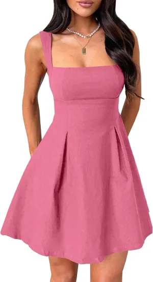 Womens Mini Party Dress Sleeveless Backless Bow Tie Square Neck Short Dress