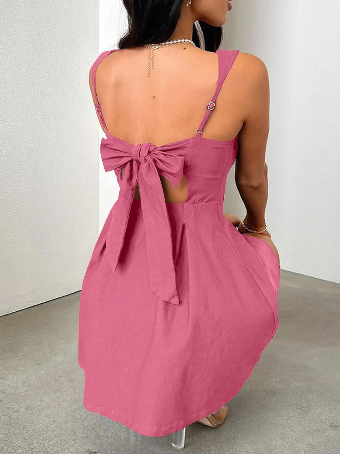 Womens Mini Party Dress Sleeveless Backless Bow Tie Square Neck Short Dress