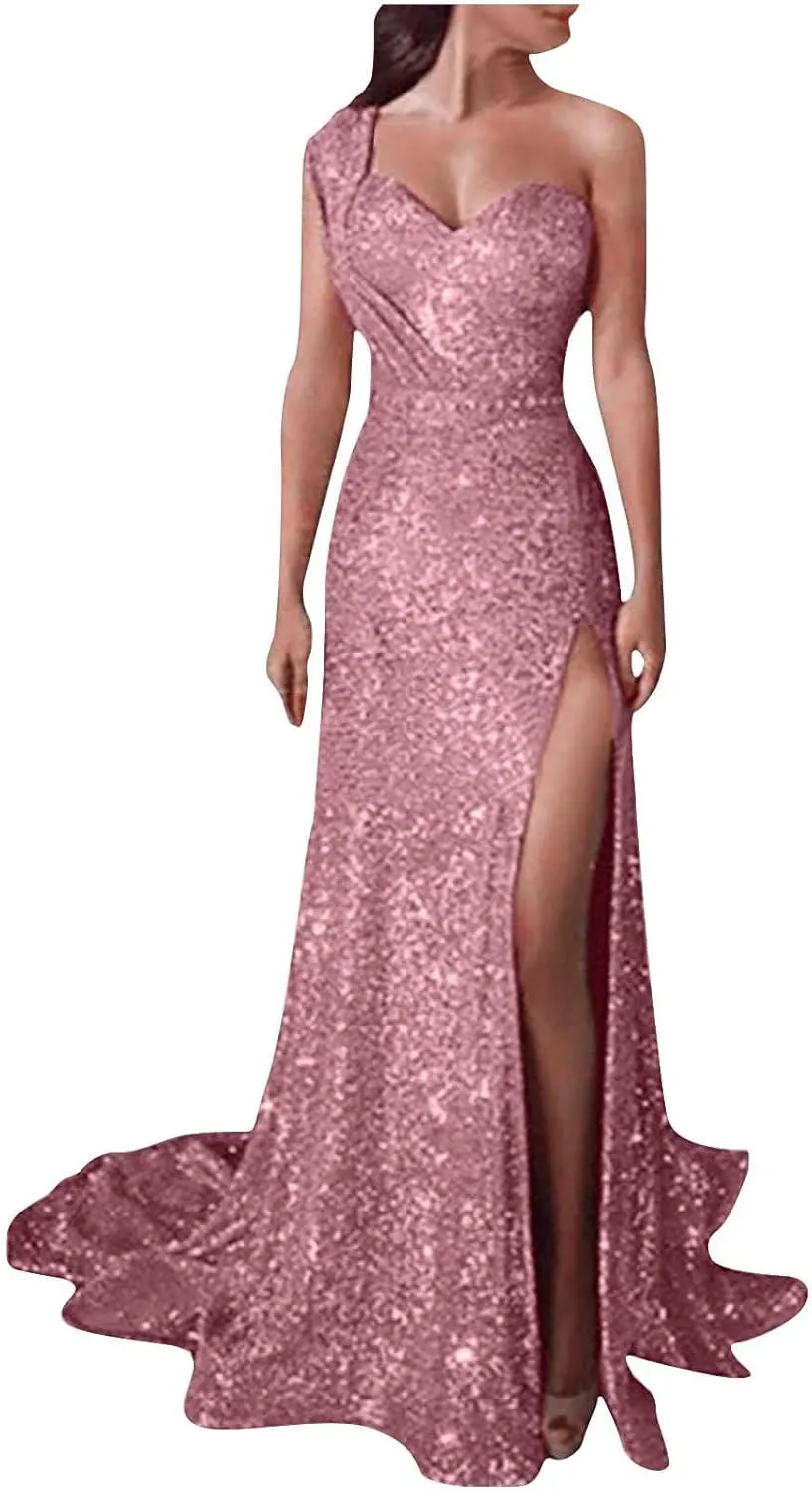 Womens One Shoulder Sequin Prom Formal Dress Glittery Sleeveless Split Side Thigh Floor Length Evening Wedding Gown