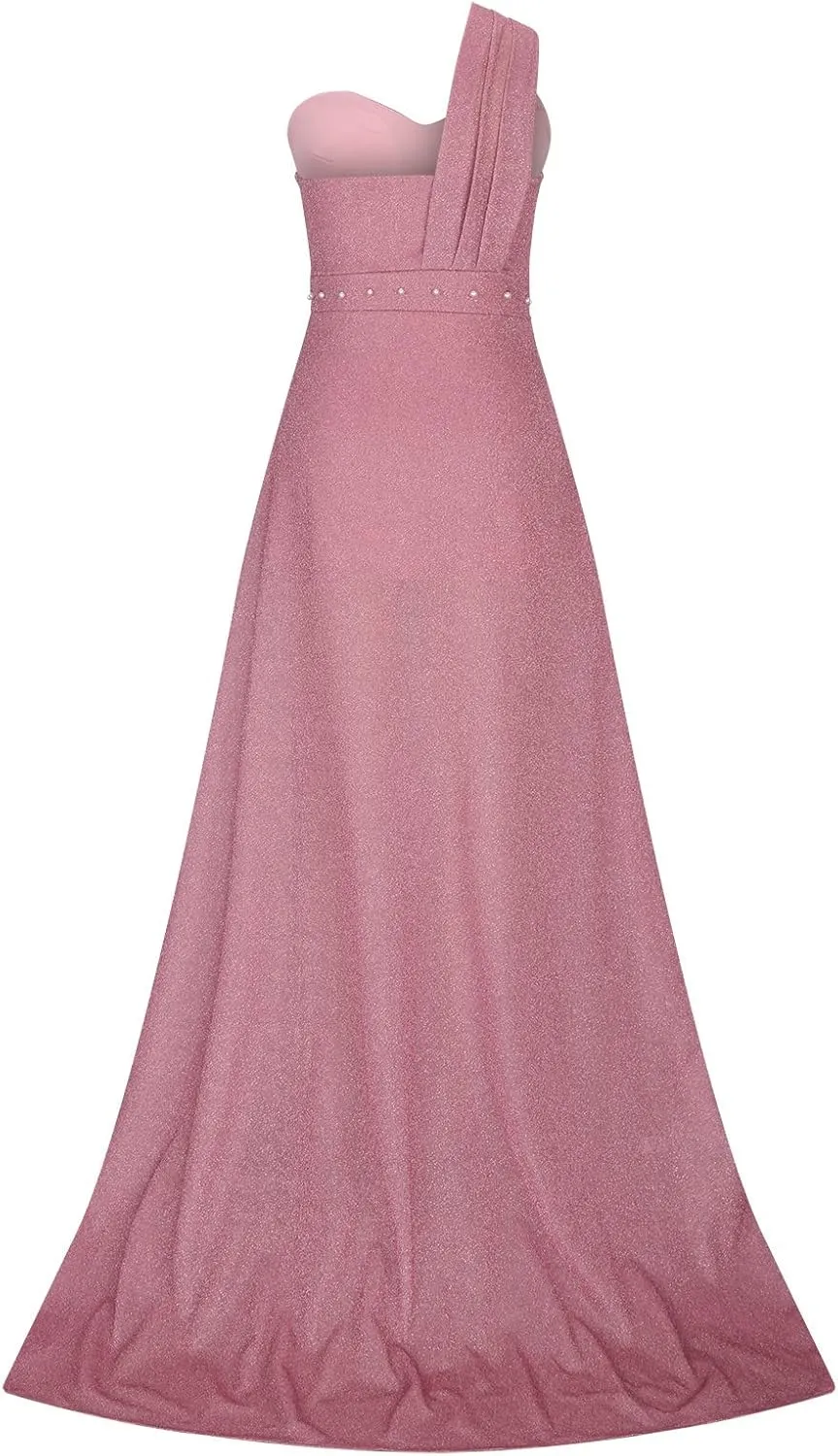 Womens One Shoulder Sequin Prom Formal Dress Glittery Sleeveless Split Side Thigh Floor Length Evening Wedding Gown