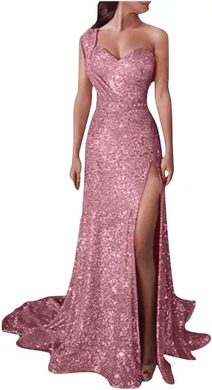 Womens One Shoulder Sequin Prom Formal Dress Glittery Sleeveless Split Side Thigh Floor Length Evening Wedding Gown