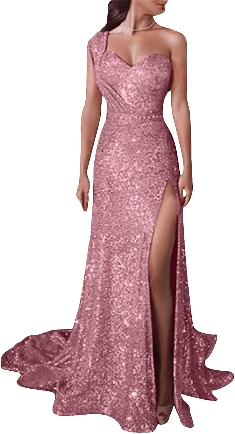 Womens One Shoulder Sequin Prom Formal Dress Glittery Sleeveless Split Side Thigh Floor Length Evening Wedding Gown