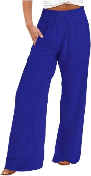 Women's Palazzo Pants High Waisted Boho Casual Drawstring Linen Pants Trousers with Pockets Linen Blend Cargo Pants