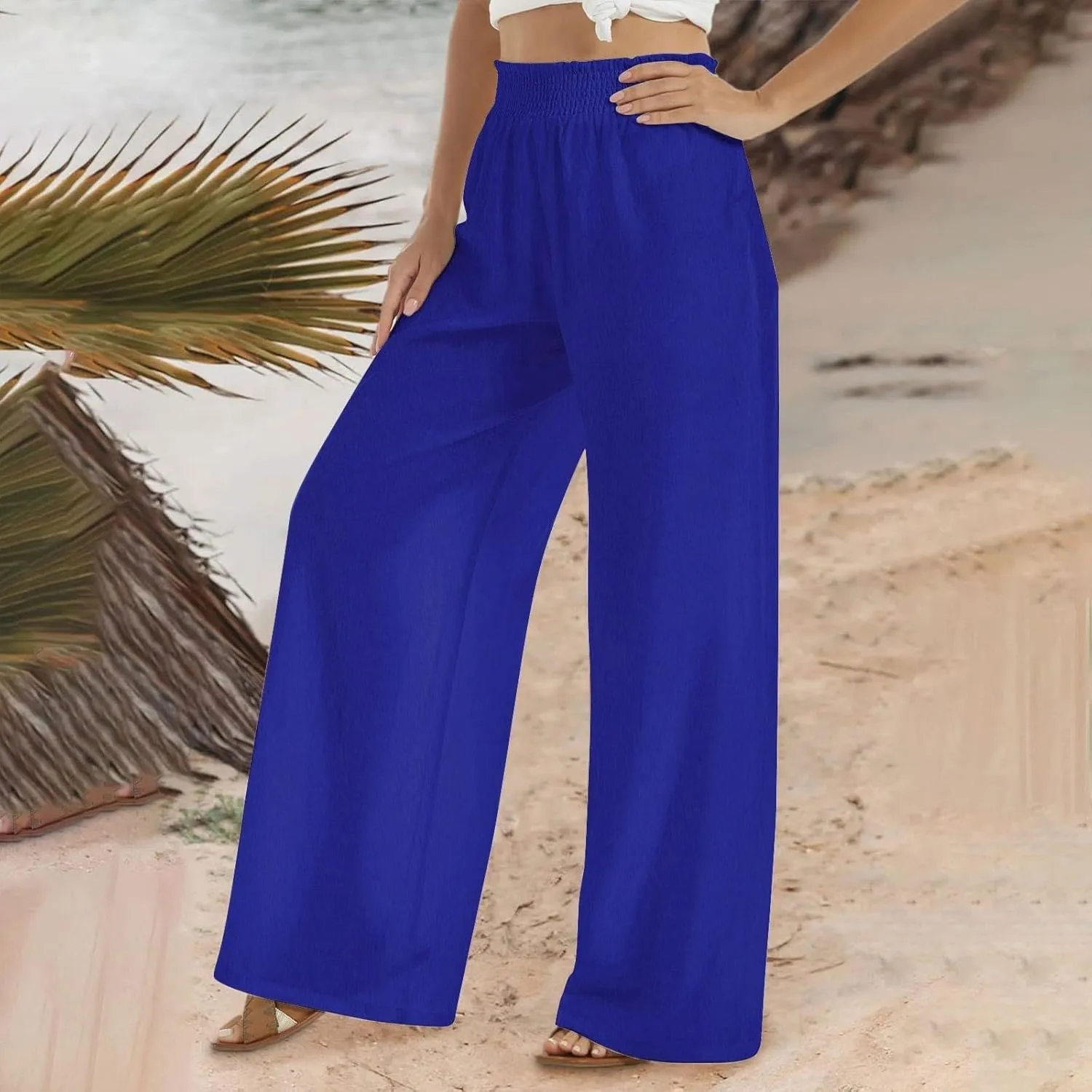 Women's Palazzo Pants High Waisted Boho Casual Drawstring Linen Pants Trousers with Pockets Linen Blend Cargo Pants