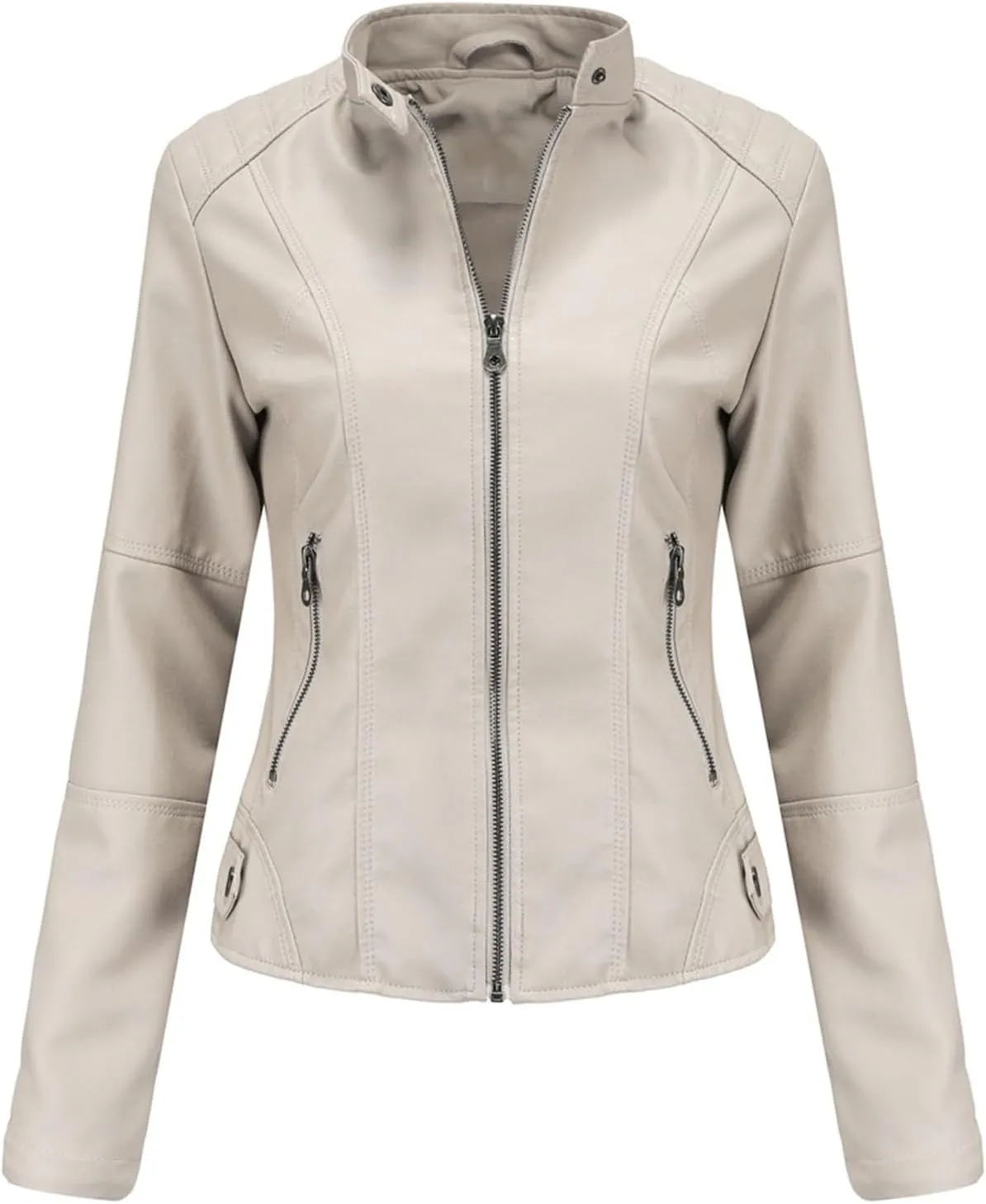 Women's Petite Casual Faux Leather Cropped Jacket Zip up Long Sleeve Moto Biker Coat, Faux Leather Jacket