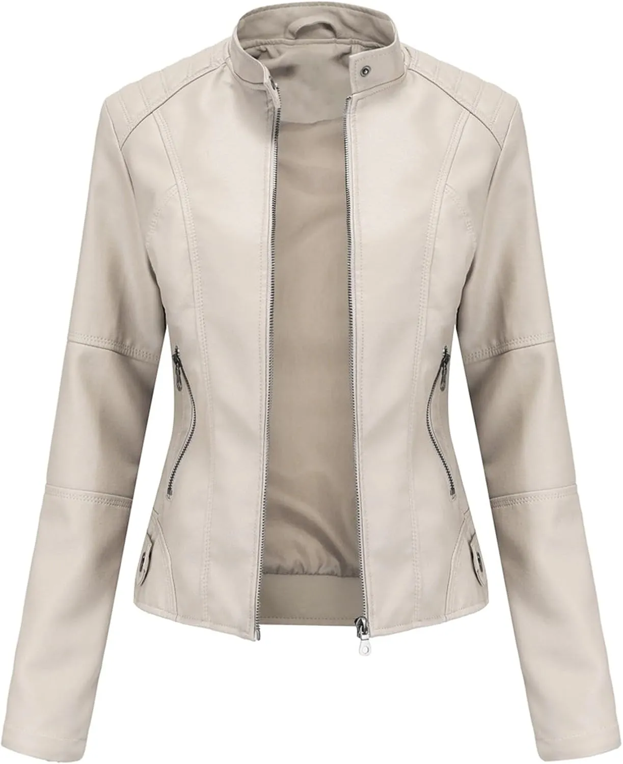 Women's Petite Casual Faux Leather Cropped Jacket Zip up Long Sleeve Moto Biker Coat, Faux Leather Jacket