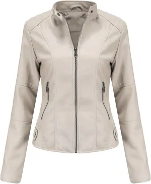 Women's Petite Casual Faux Leather Cropped Jacket Zip up Long Sleeve Moto Biker Coat, Faux Leather Jacket