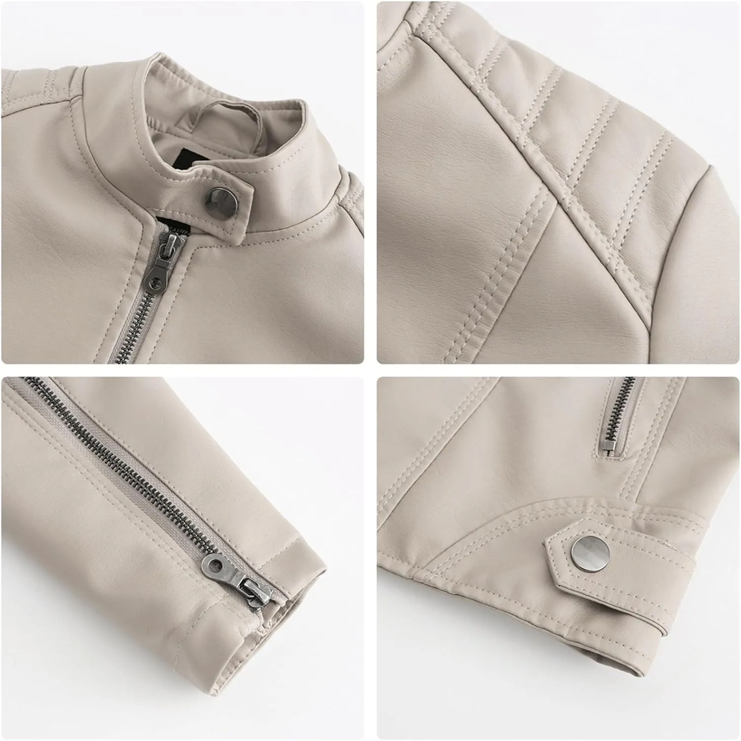 Women's Petite Casual Faux Leather Cropped Jacket Zip up Long Sleeve Moto Biker Coat, Faux Leather Jacket
