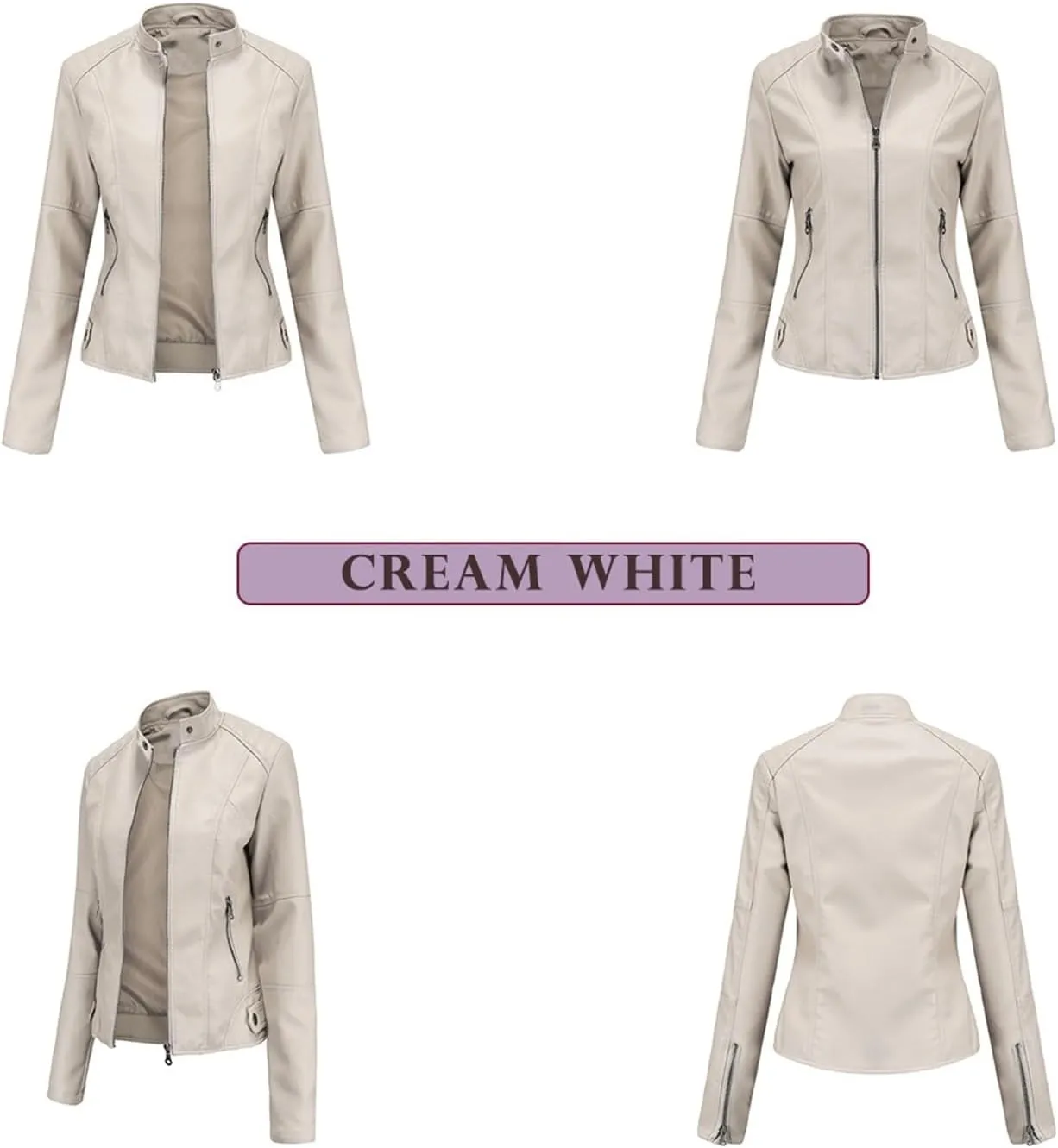 Women's Petite Casual Faux Leather Cropped Jacket Zip up Long Sleeve Moto Biker Coat, Faux Leather Jacket